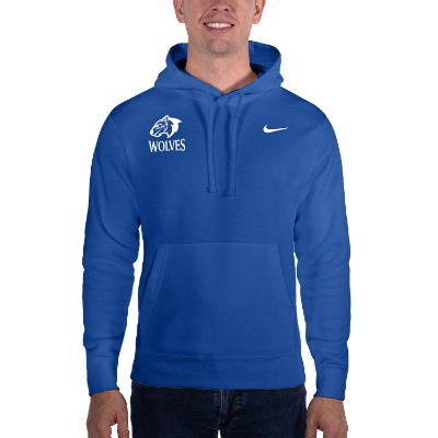 Custom imprinted blue hoodie.