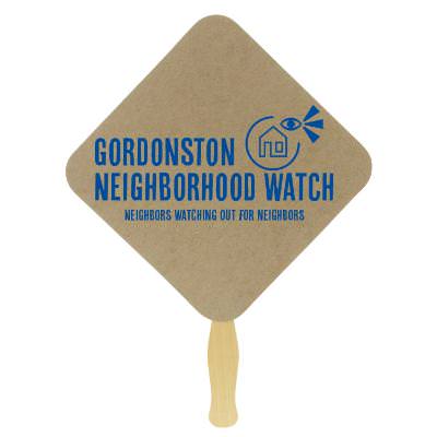 Paper brown hand fan with a branded logo.
