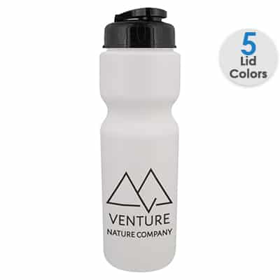 Plastic frost water bottle with custom logo and flip top lid in 28 ounces.