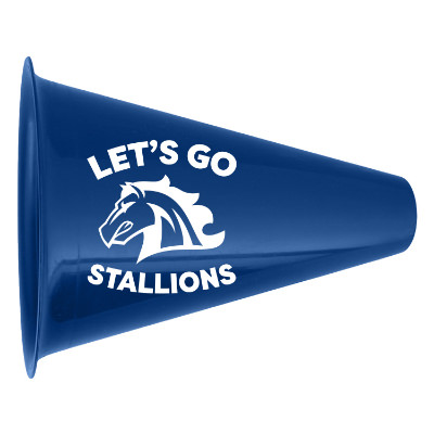 Navy blue plastic megaphone with a custom logo.