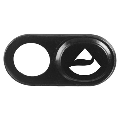 Aluminum black webcam cover with a custom logo.