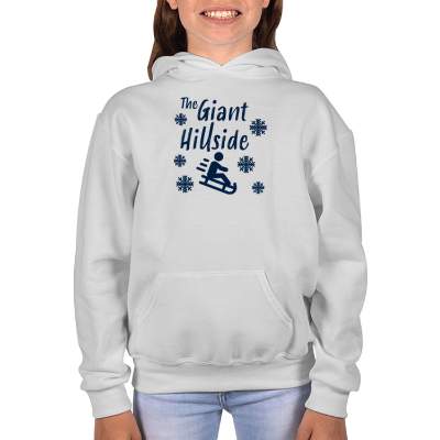 Custom white youth hooded sweatshirt with logo.