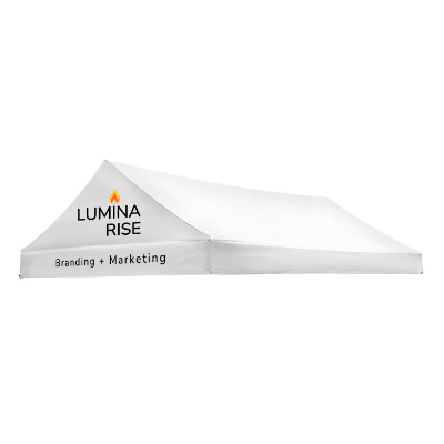 White 10-ft. x 15-ft. gable tent canopy with custom imprint in 2 locations.