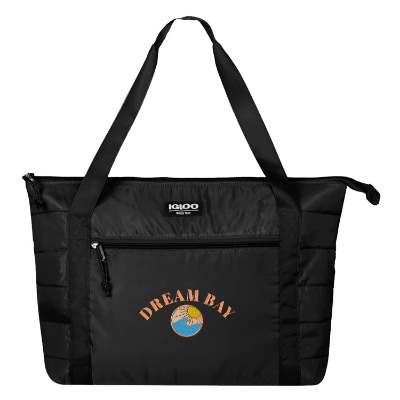 Black polyester cooler with a branded logo.
