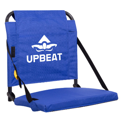 Blue polyester chair with a custom logo.