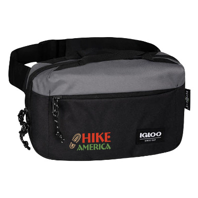 Black with gray polyester cooler with a branded imprint.