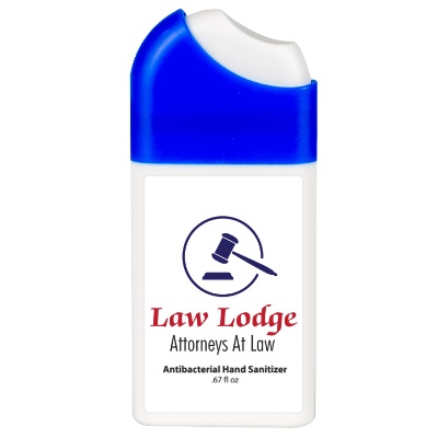Plastic .67 ounce blue misting spray hand sanitizer with custom full color logo.