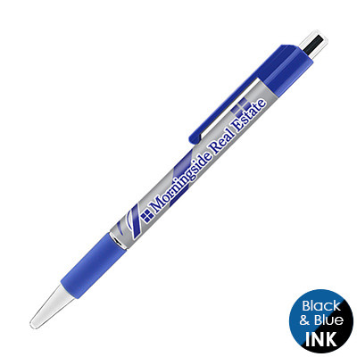 Branded full-color plastic pen with rubber grip.