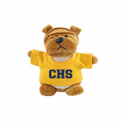 Plush and cotton yellow bean bag buddy bulldog with branded logo.