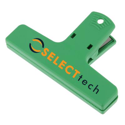 Plastic translucent red strong grip magnet chip clip with custom full color imprint.
