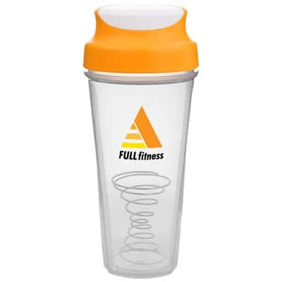 Plastic goldenrod shaker bottle with custom full-color logo in 28 ounces.