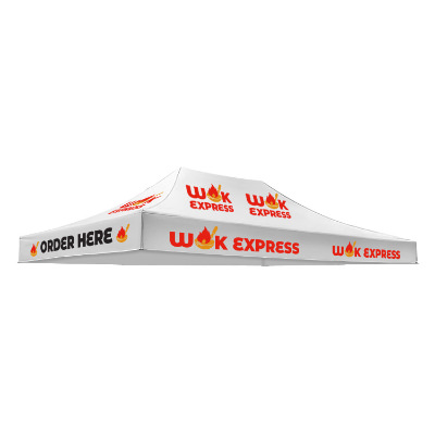 White 15-ft. tent canopy with custom imprint in 12 locations.