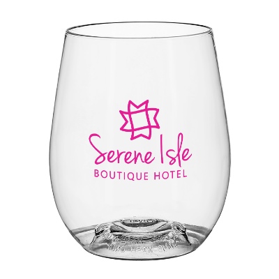Plastic clear wine glass with custom imprint in 12 ounces.