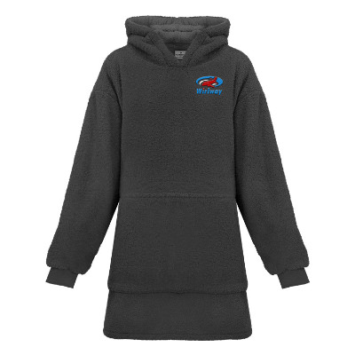 Polyester charcoal hoodie robe with custom embroidered logo.