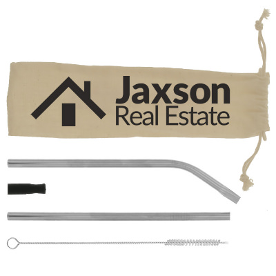 Stainless straw kit with custom imprint on pouch.