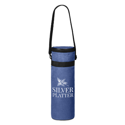 Blue polyester cooler with a customized logo.
