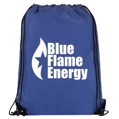 Polyester royal blue drawstring bag with custom imprint with reinforced corners.