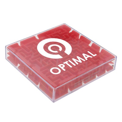 Red plastic maze game with a personalized logo.