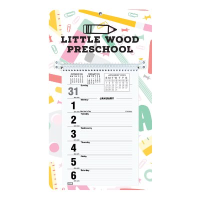 Seven inch wide weekly wall calendar with full color personalized logo.