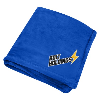 Royal blue microfleece blanket with custom logo.