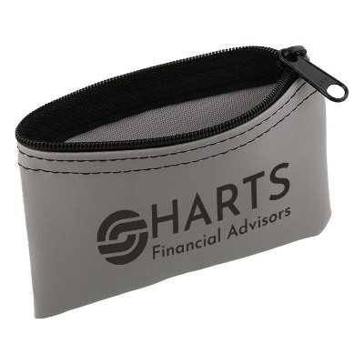 Gray vinyl coin pouch with a custom imprint.