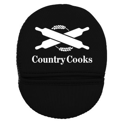 Black neoprene pot holder with promotional printed logo.