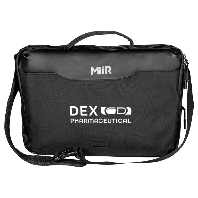 Black messenger bag with handle and custom logo.