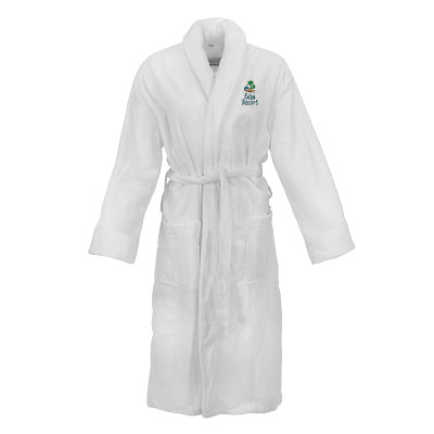 White turkish terry velour robe with custom embroidered imprint.