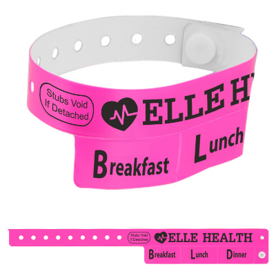 Pink vinyl wristband with a custom imprint.