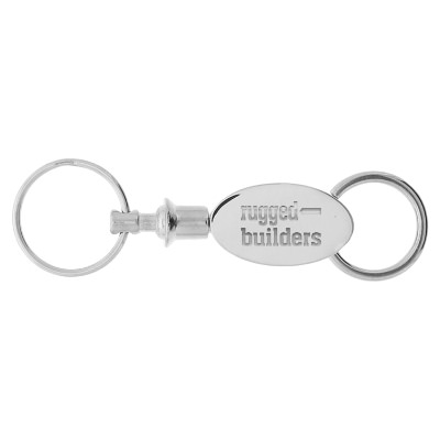 Silver metal pull apart keychain with laser engraved personalized imprint.