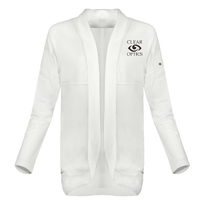 Custom white cardigan with logo.