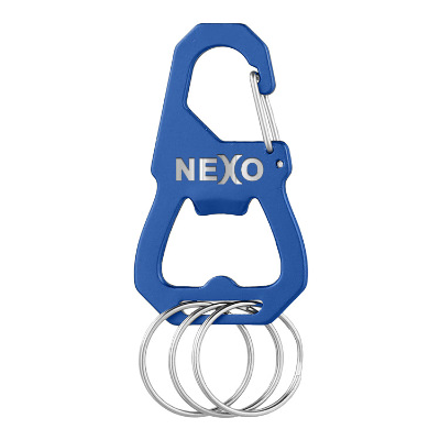 Blue aluminum bottle opener with custom engraved imprint.
