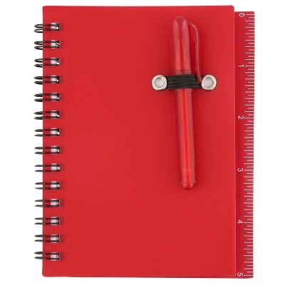 Small carolina blue notebook with sticky notes and ruler.