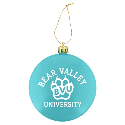Aqua plastic ornament with a branded imprint