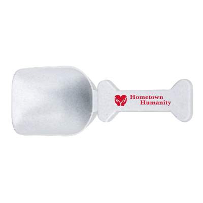 White pet food scoop with custom imprint.