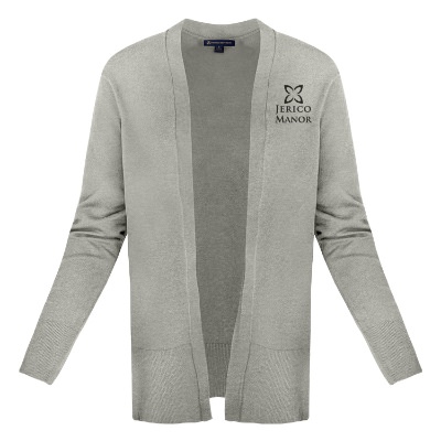Gray cardigan with custom logo.