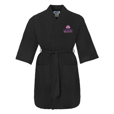 Black cotton polyester robe with custom embroidered imprint.