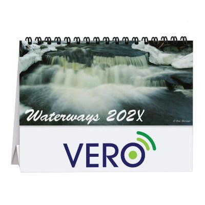Tent desk calendar with photos of assorted waterways with custom full color imprint.
