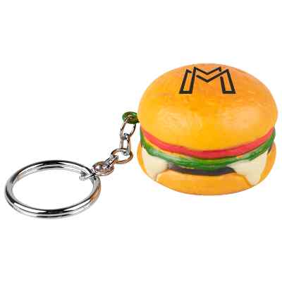 Cheeseburger foam stress ball with an imprinted logo.