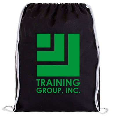 Cotton black drawstring bag with custom logo and cord handles.