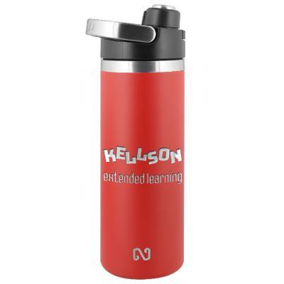 Stainless blue water bottle with custom engraved logo in 18 oz.