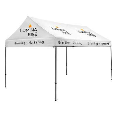 White 10-ft. x 15-ft. gable tent with custom imprint in 6 locations.
