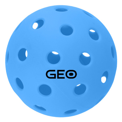Blue plastic pickleball ball with a custom logo.