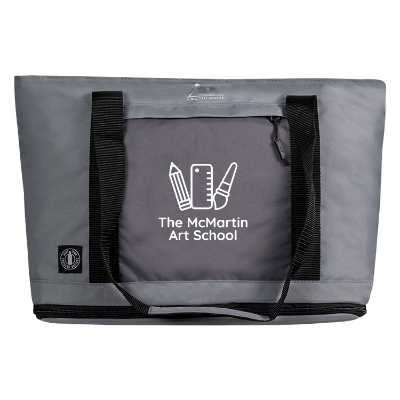 Gray expandable cooler with custom logo.