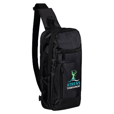 Black zippered sling bag with custom full-color imprint.