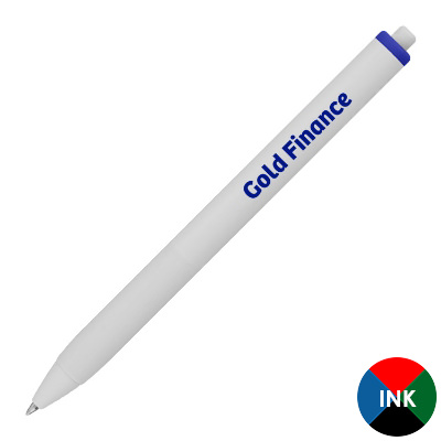 Blue plastic pen with a custom imprint.