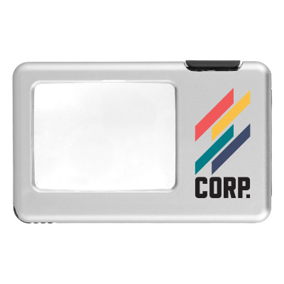 Silver plastic magnifier with a custom logo.