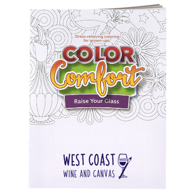 Multicolored paper coloring book with a custom imprint.
