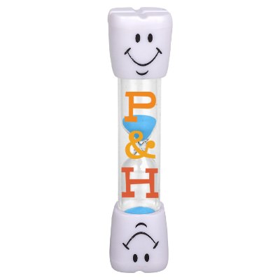 White plastic sand timer with a custom logo.