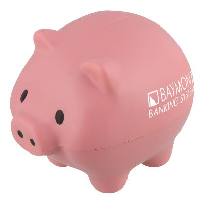 Foam red piggy bank stress ball with a custom imprint.